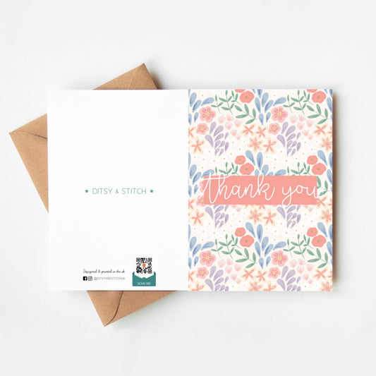 Floral patterned card with 'Thank you' text on a white background