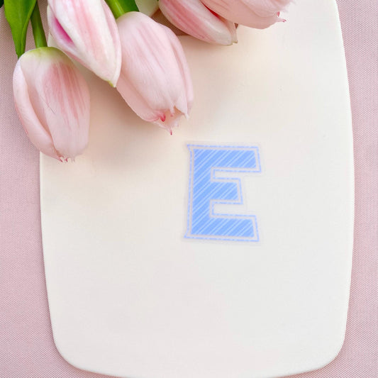 Blue striped letter 'E' transparent sticker on a white background with pink tulips