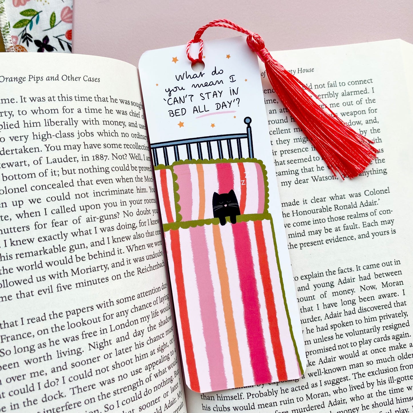 Bookmark with pink tassel on an open book, featuring a cartoon cat and text.
