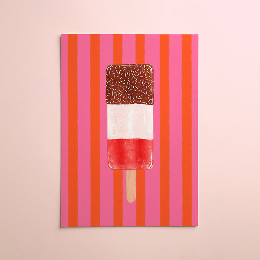 A vertical art print featuring a stylized popsicle with a chocolate sprinkle top, white middle section, and red bottom on a pink and orange striped background, displayed against a light pink background.