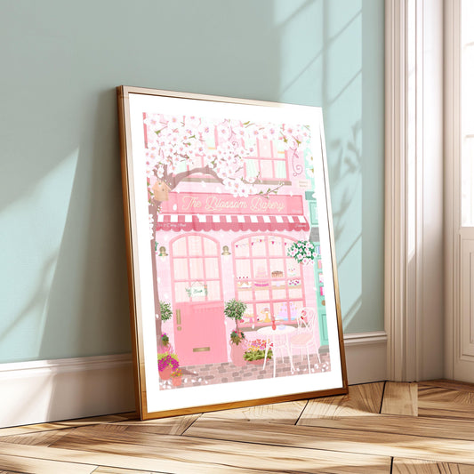 Framed illustration of a pink bakery covered in white cherry blossoms