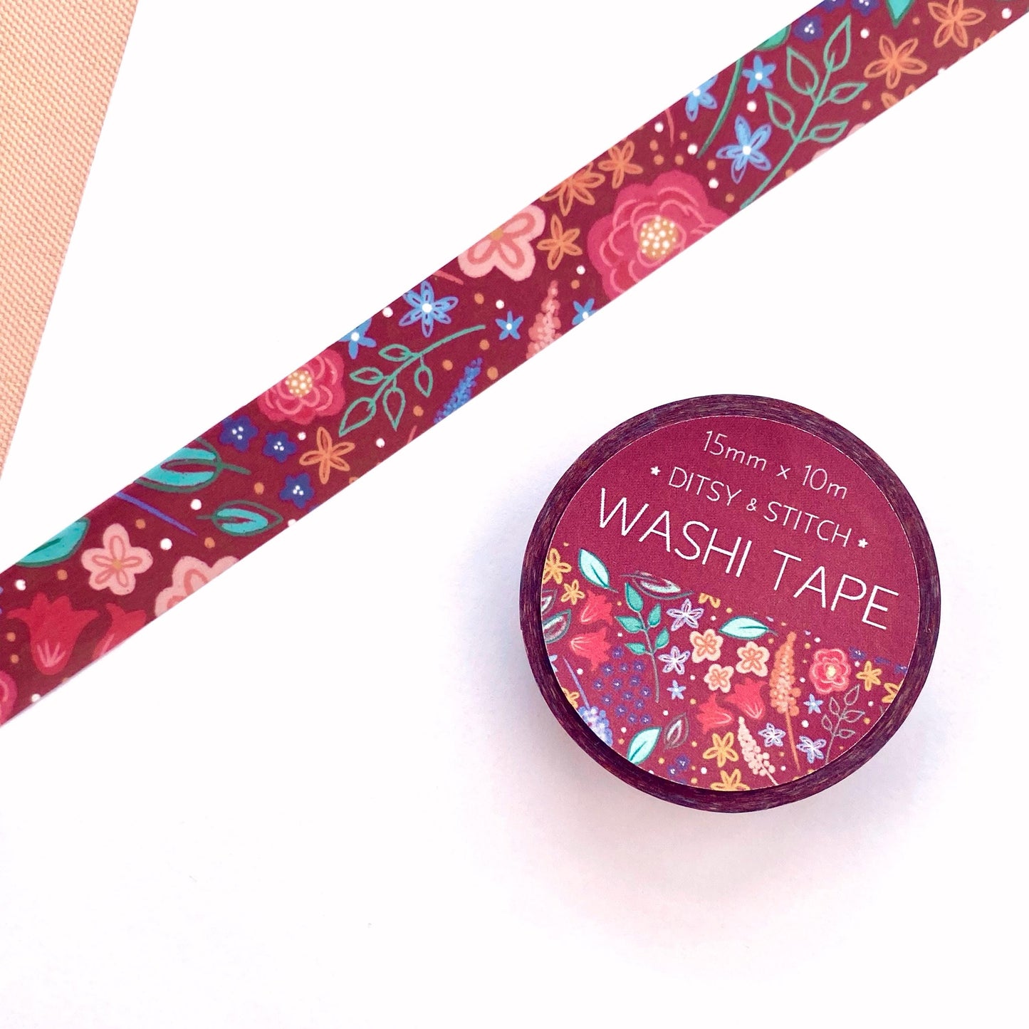 Decorative washi tape roll with floral design on a white background
