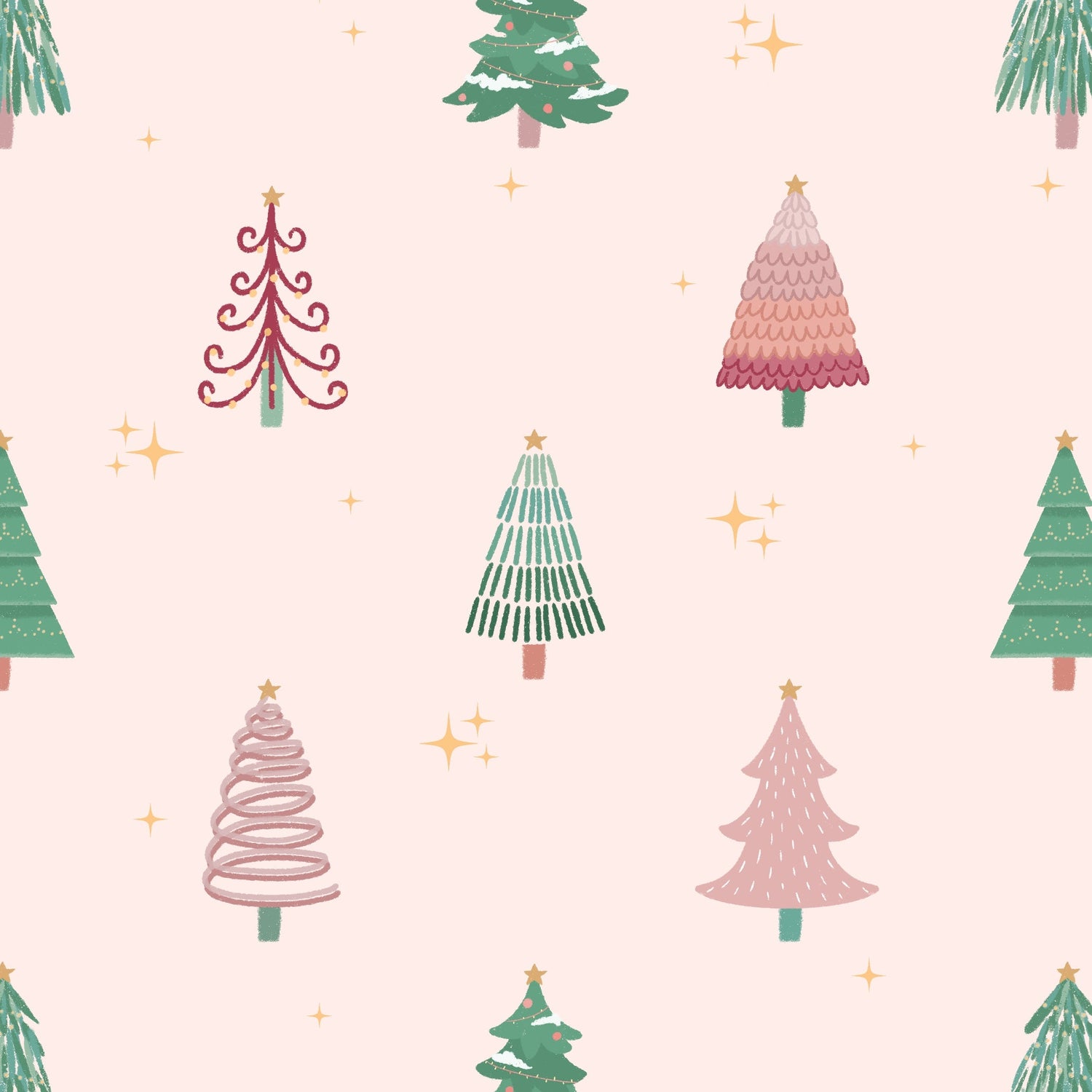 A pattern of decorated green and pink christmas trees and yellow sparkles against a light pink background