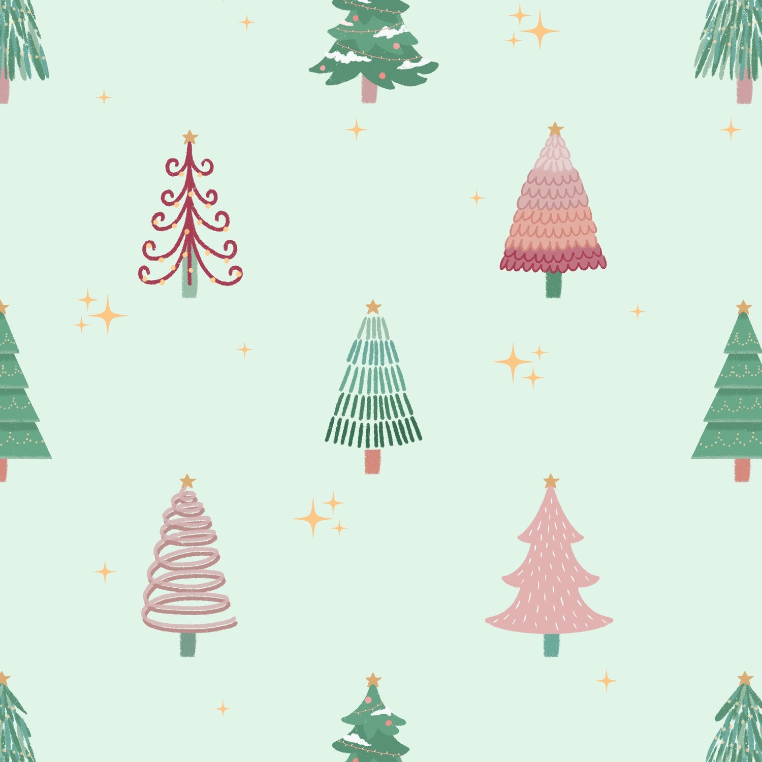A pattern of decorated green and pink christmas trees and yellow sparkles against a mint green background