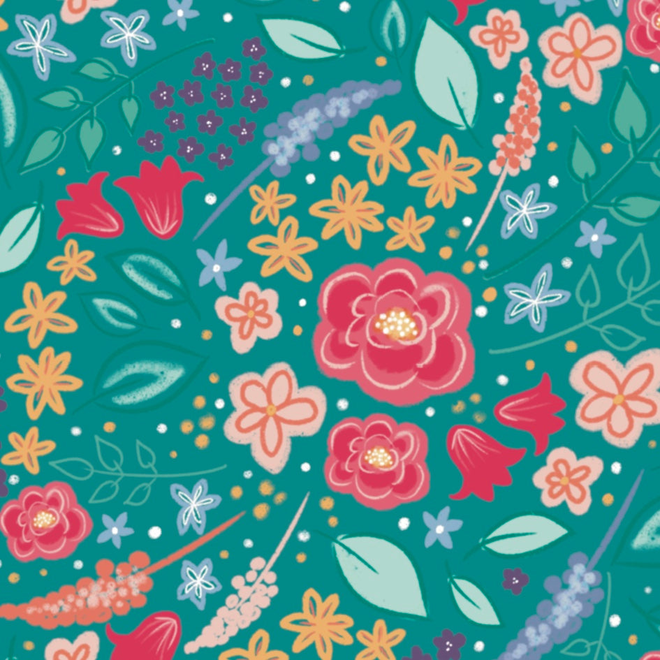 Wildflowers floral pattern with a mix of colourful flowers and leaves against a teal background