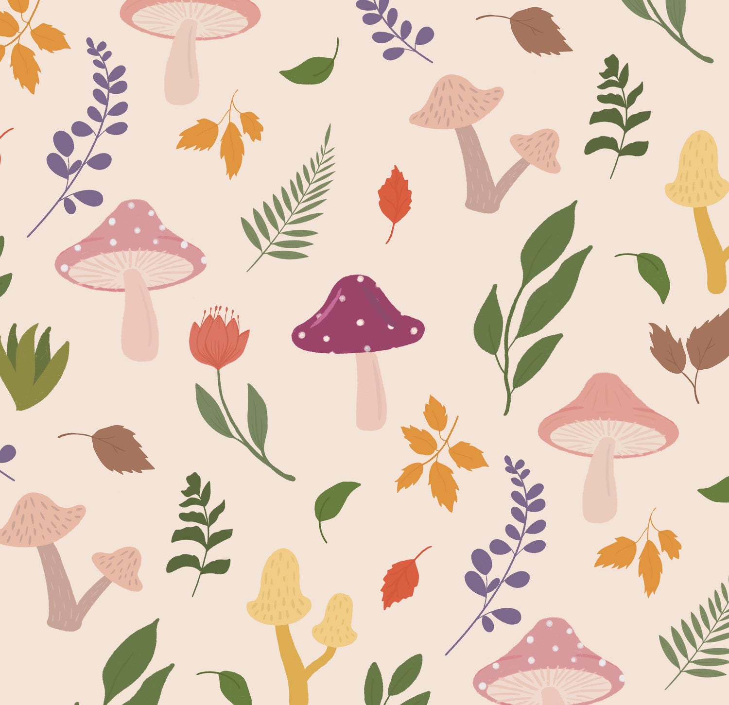 An autumnal pattern with pink, purple and yellow mushrooms, leaves and foliage against a beige background