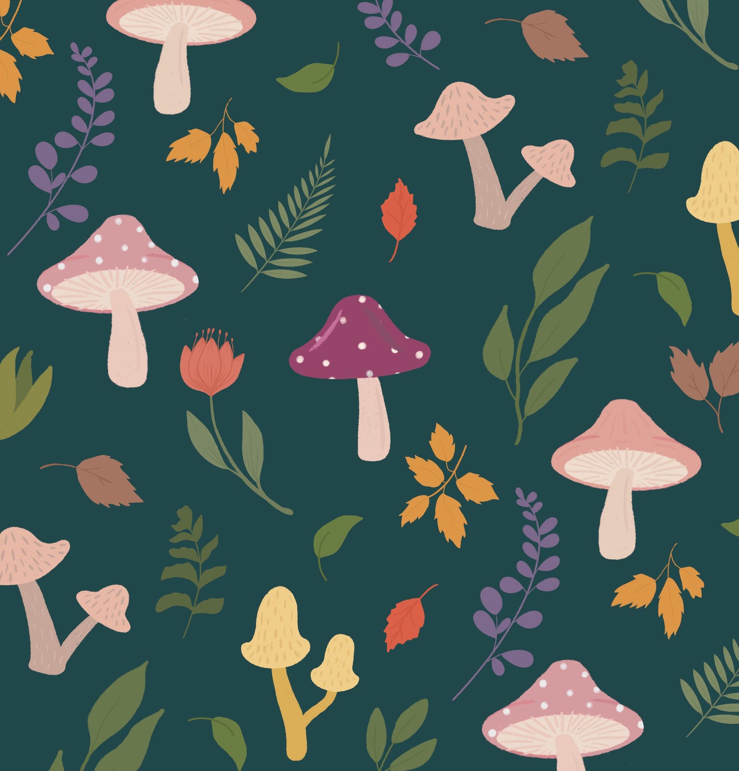 An autumnal pattern with pink, purple and yellow mushrooms, leaves and foliage against a dark teal background