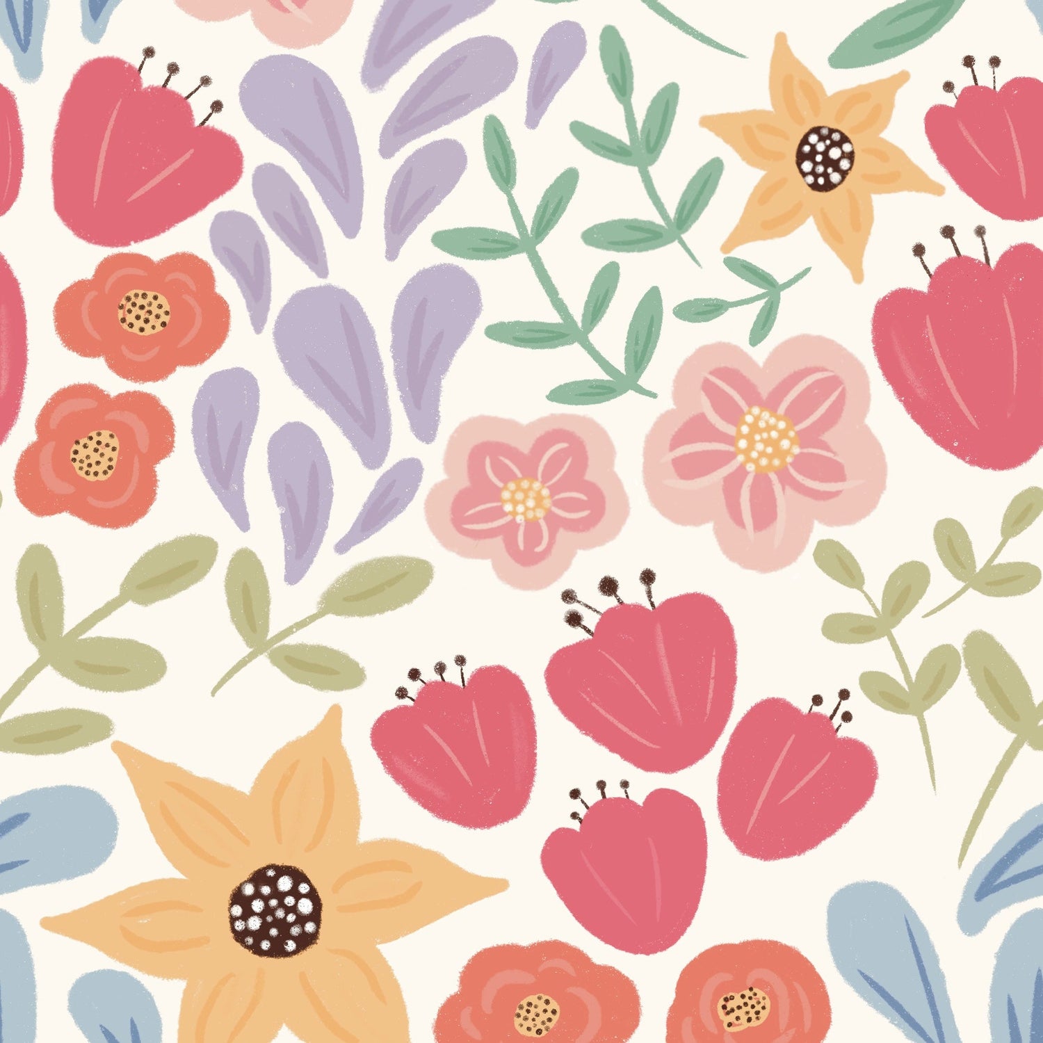A colourful summer floral pattern with sunflowers, tulips, daisies, leaves and paisley shapes against a cream background