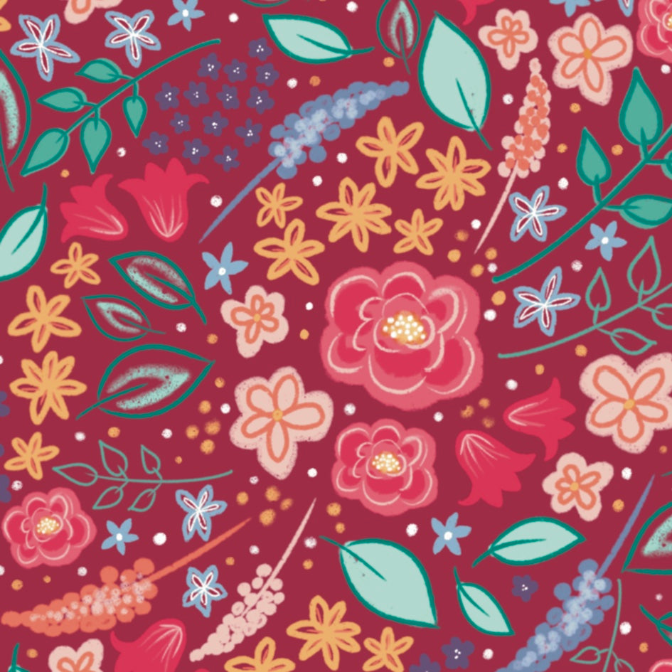 Wildflowers floral pattern with a mix of colourful flowers and leaves against a pink background