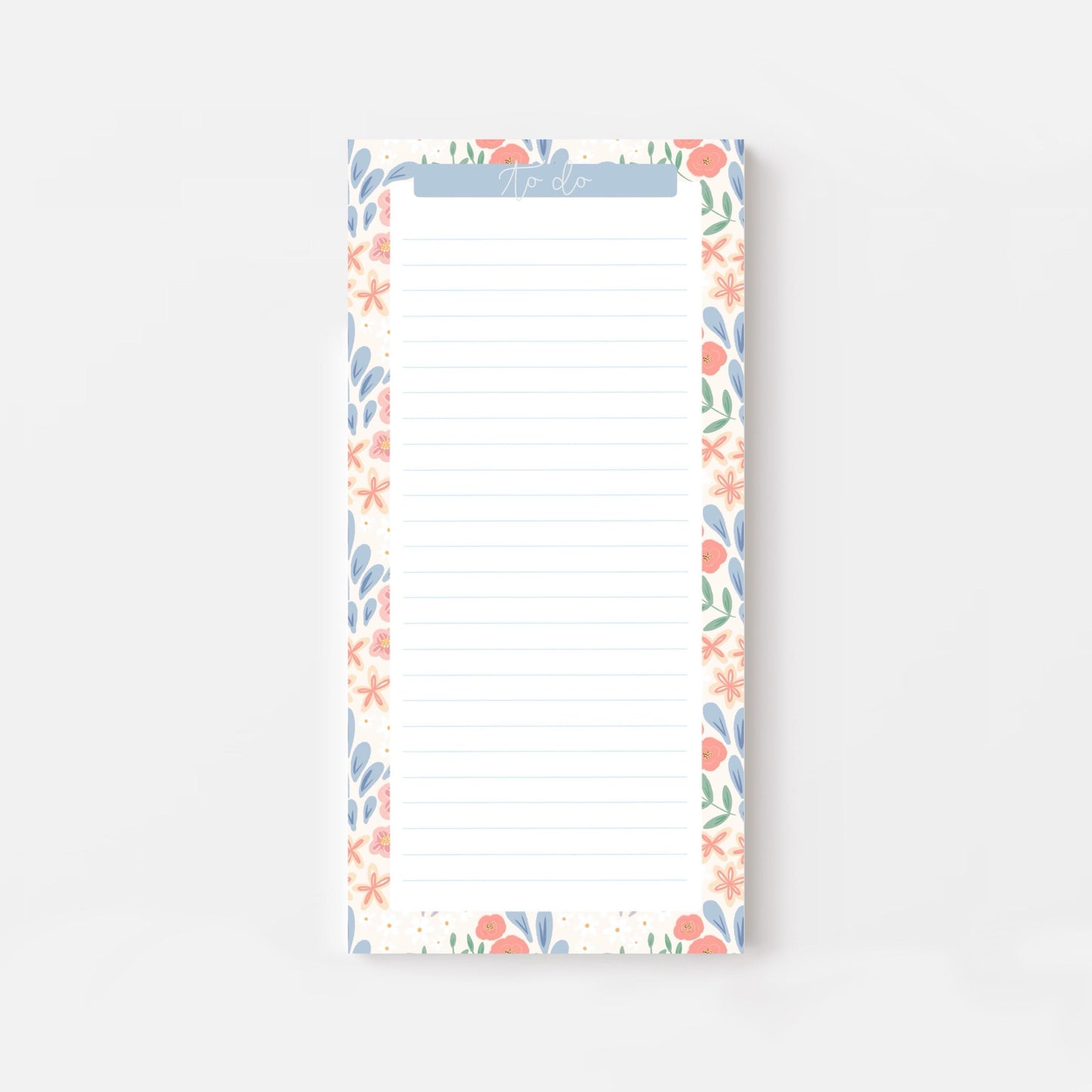 Floral bordered and lined slim notepad on a white background
