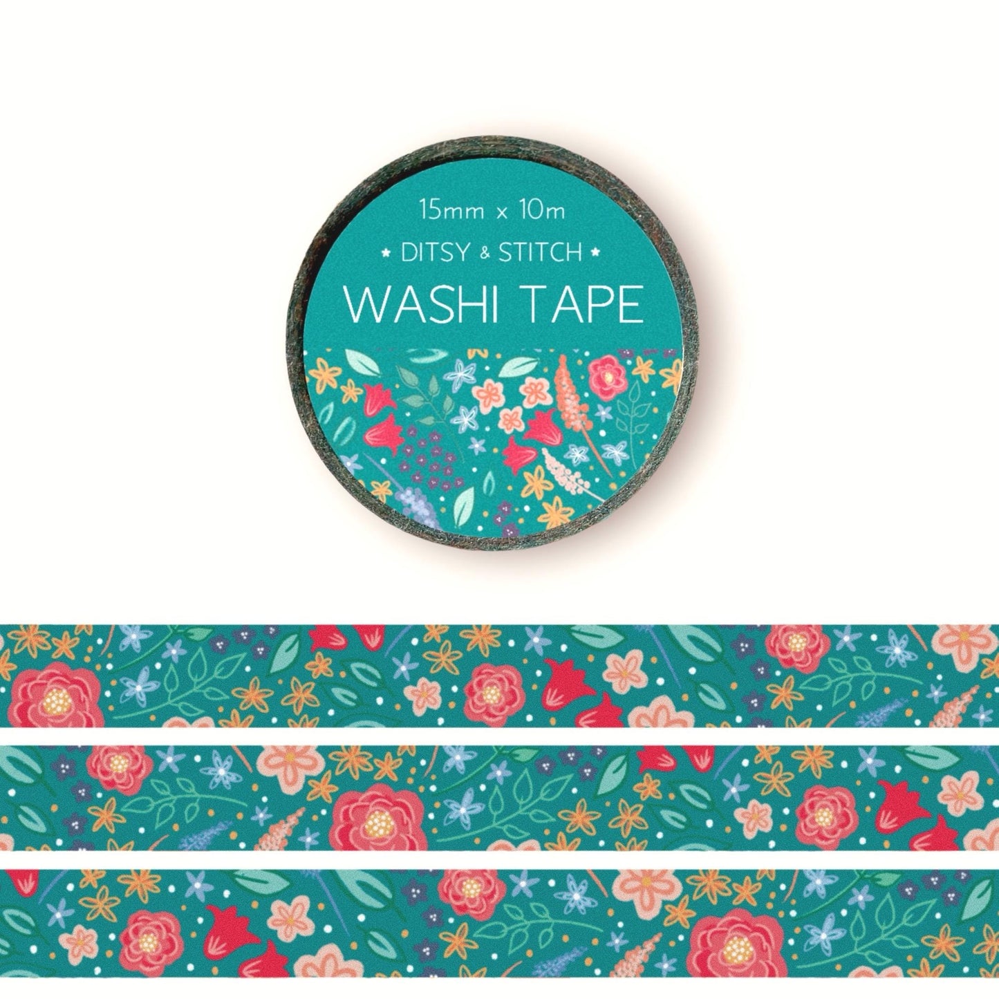 Washi tape with floral design and 'Ditsy & Stitch' branding on the label  on a white background