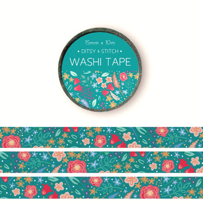 Washi tape with floral design and 'Ditsy & Stitch' branding on the label  on a white background