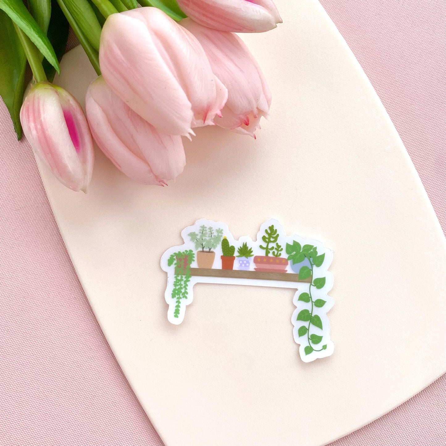 A transparent vinyl sticker with an illustration of a wooden shelf with potted plants on a white background