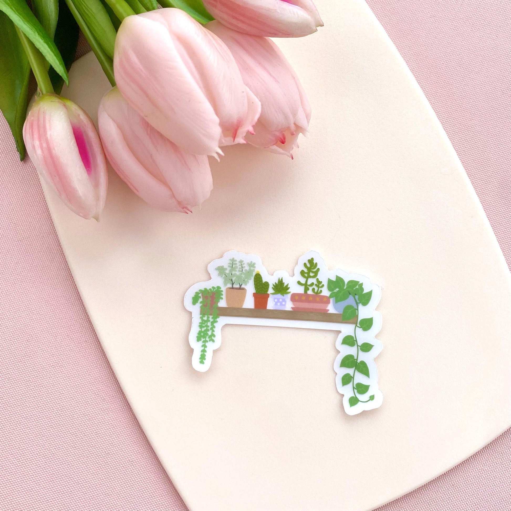 A transparent vinyl sticker with an illustration of a wooden shelf with potted plants on a white background