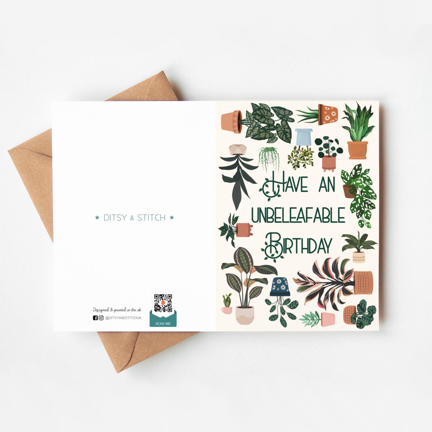 Greeting card with plant illustrations and text 'Have an unbeleafable birthday' on a white background.