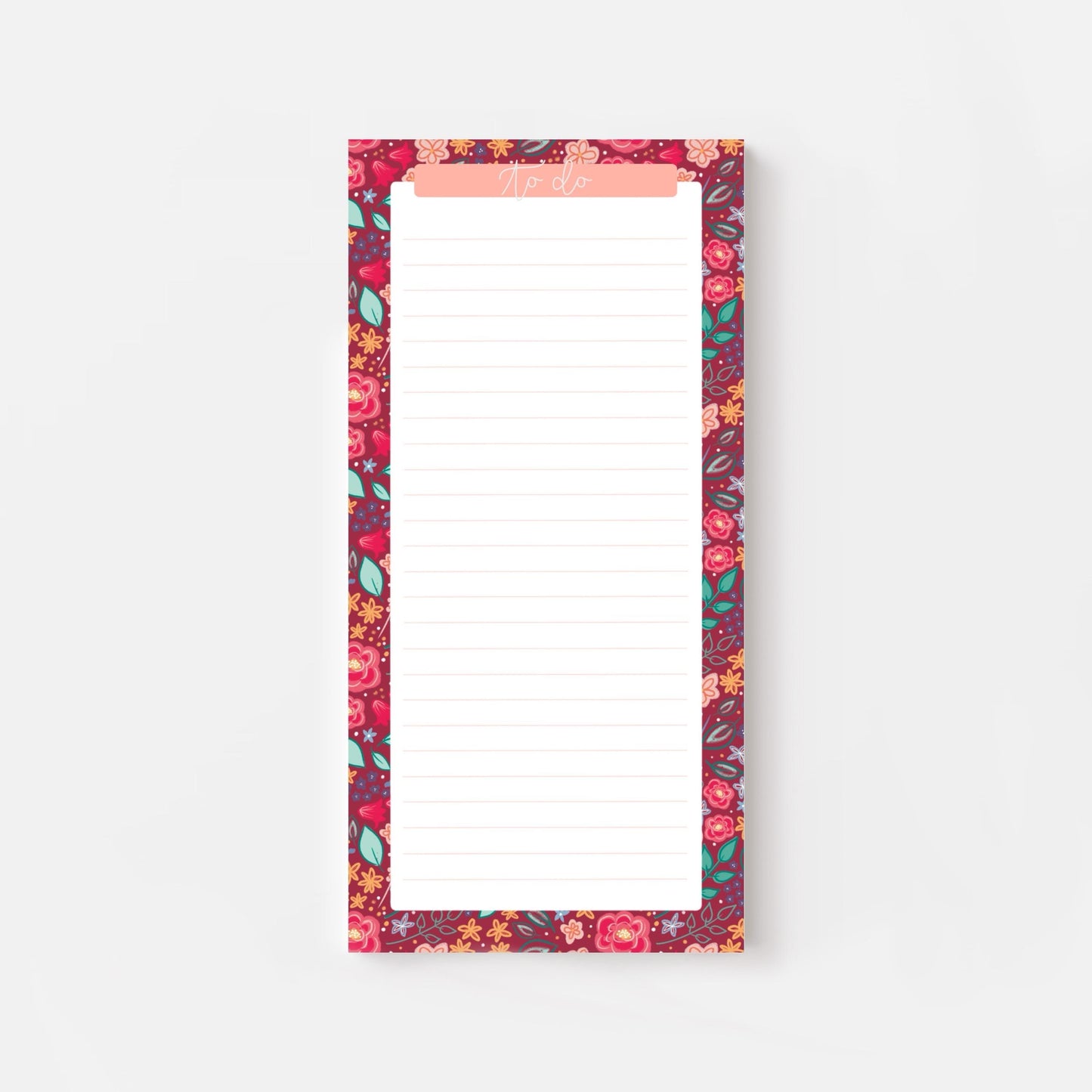 Floral-patterned slim notepad with a pink border on a white background