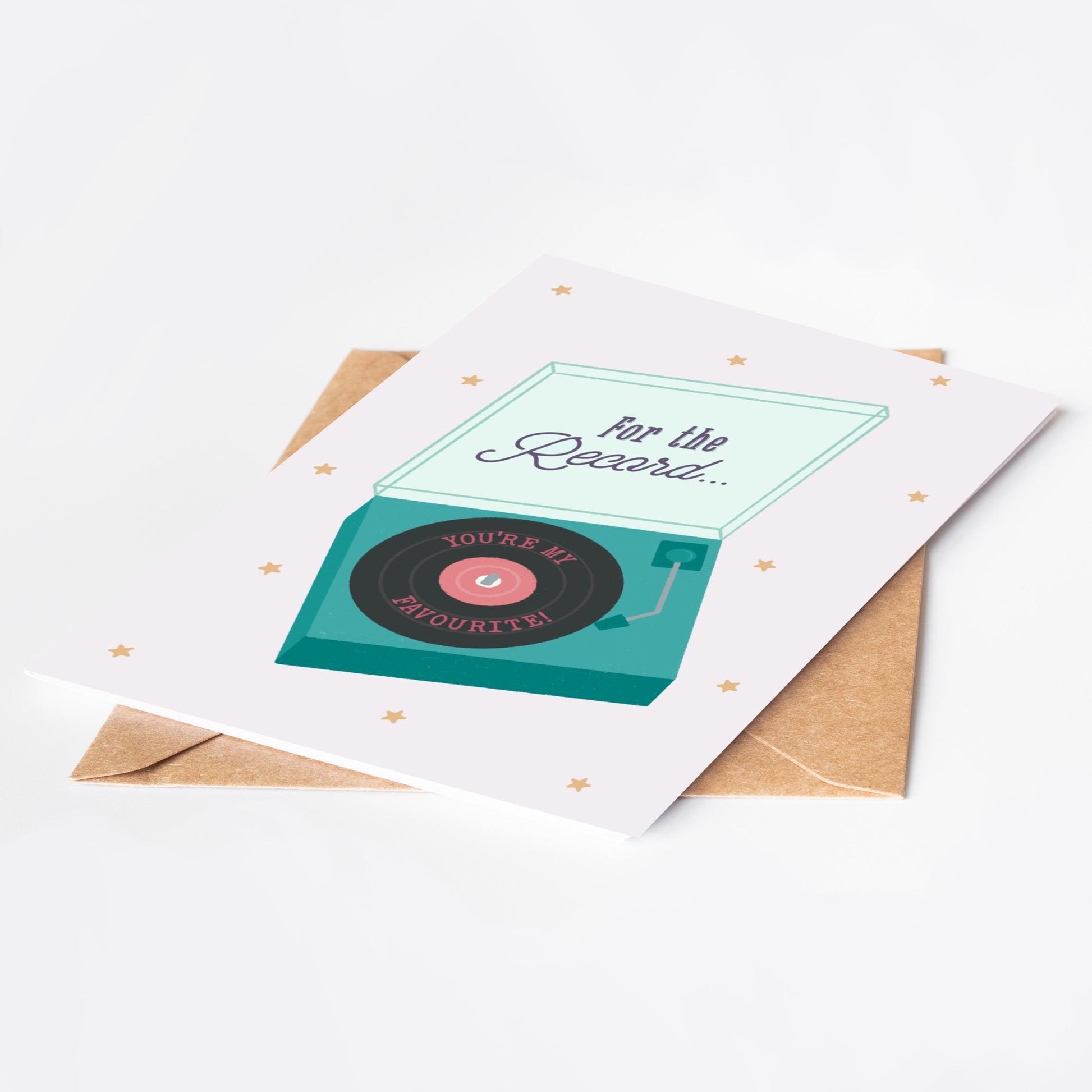 Greeting card with record player design  and 'For the record... you're my favourite' message and an envelope on a white background