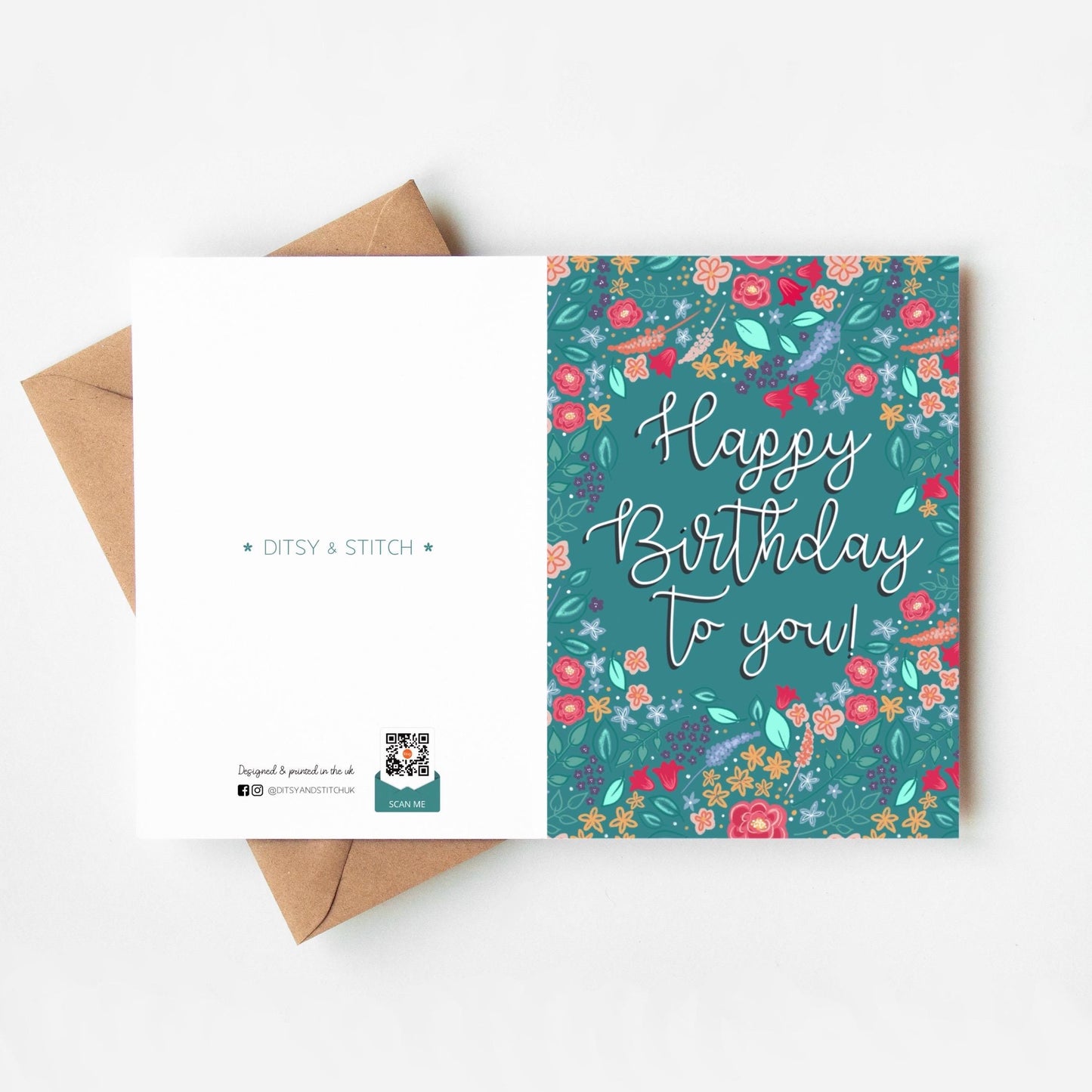 Floral birthday card with 'Happy Birthday to you!' text and Ditsy & Stitch branding on the back.
