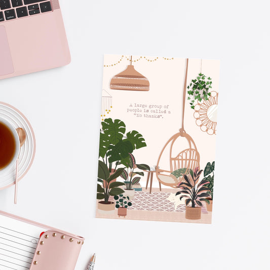 Postcard with plant-themed room illustration on a desk with a laptop and tea cup.