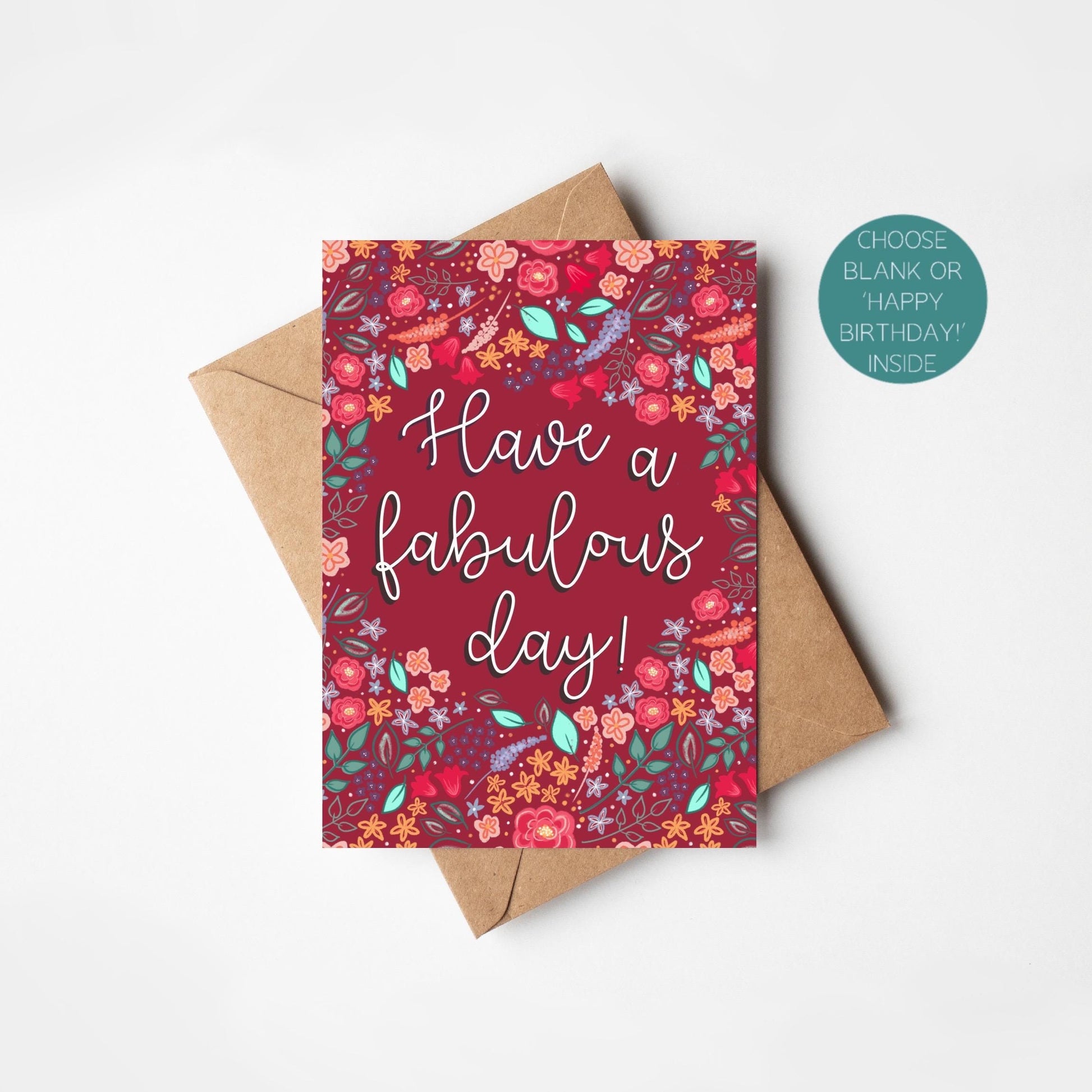 Greeting card with floral design and 'Have a fabulous day!' text on a white background