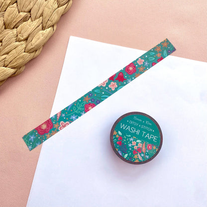Floral-patterned washi tape with a roll on a white surface