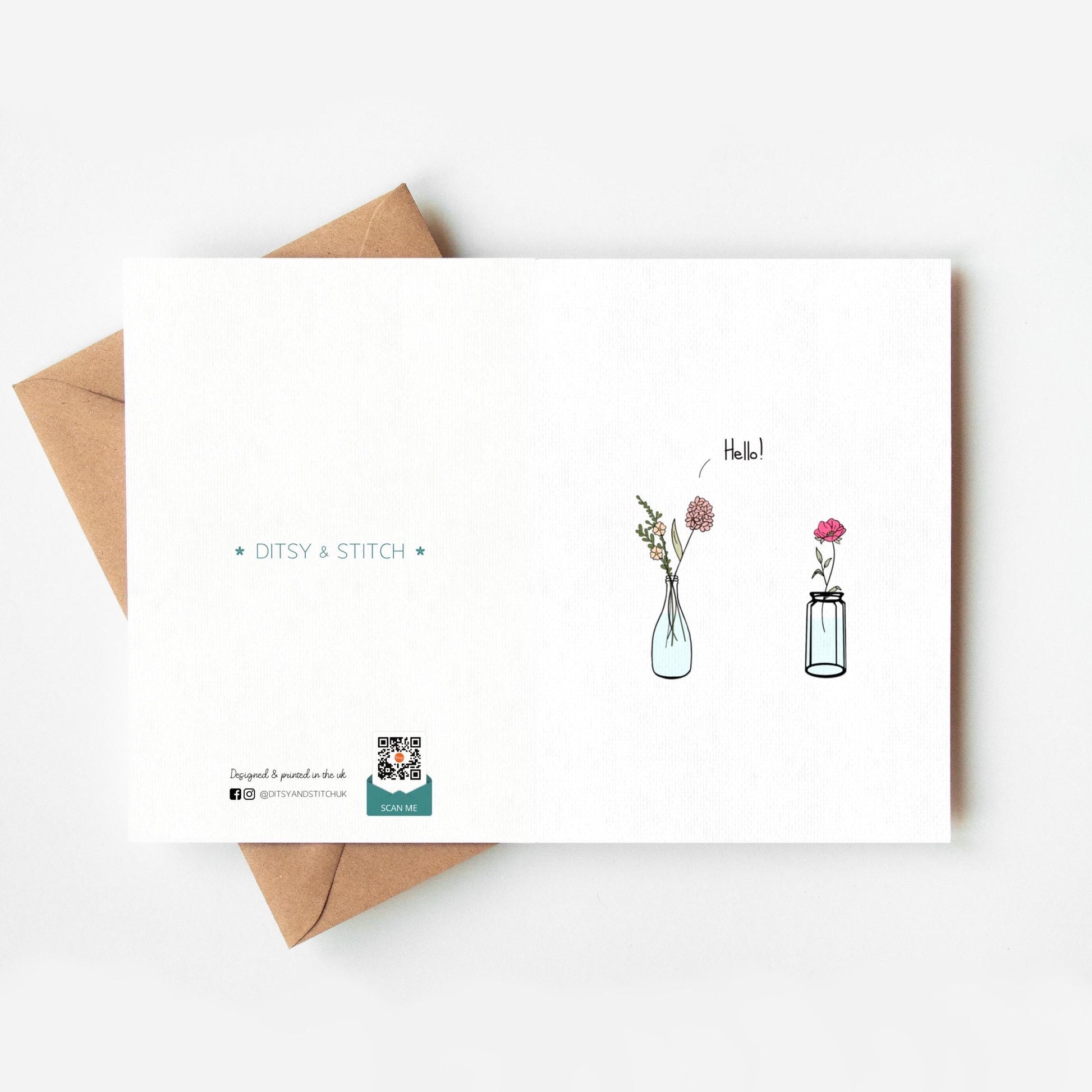 Greeting card with floral illustrations and 'Ditsy & Stitch' branding on the back on a white background.