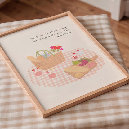 Framed artwork with a picnic scene on a checkered surface