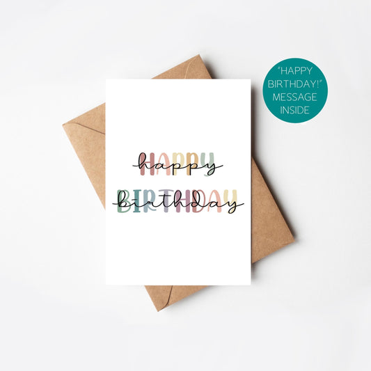 Birthday card with 'Happy Birthday' text in rainbow colours and a brown envelope on a white background