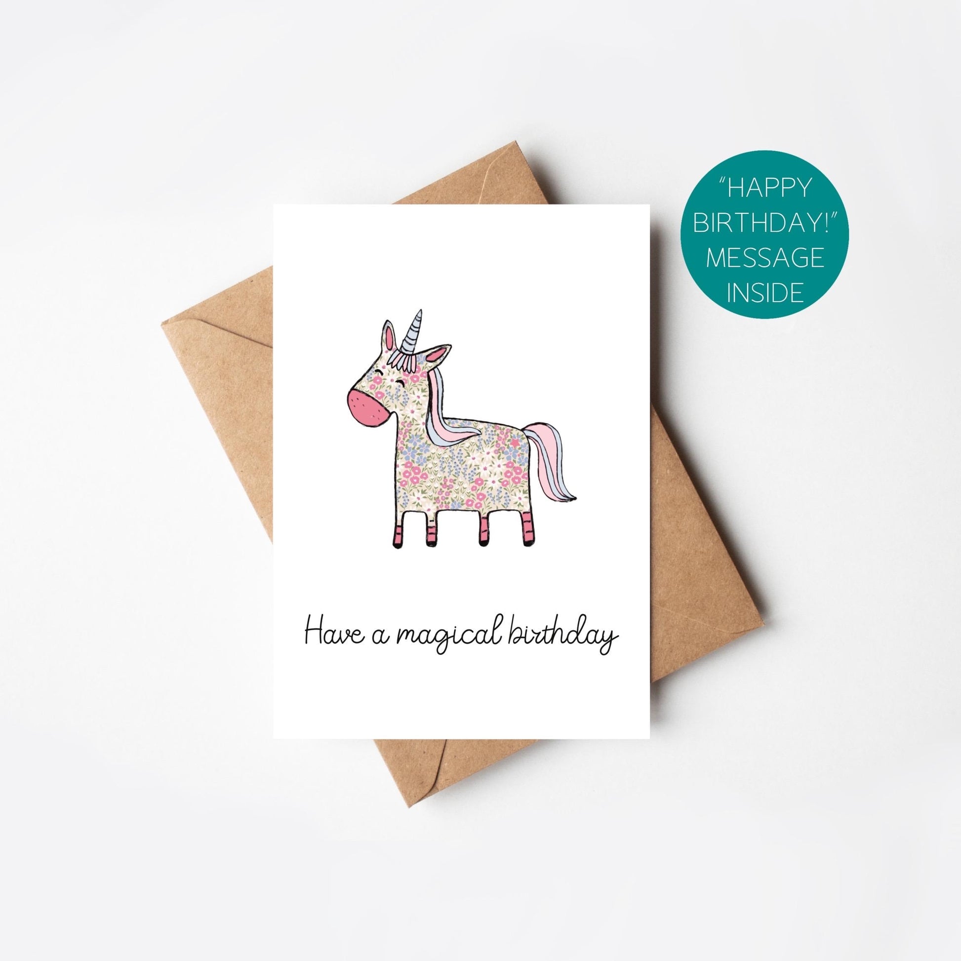 Greeting card with unicorn illustration and a 'Have a magical birthday' message, plus a label noting that there is a 'Happy Birthday' message inside, on a white background.