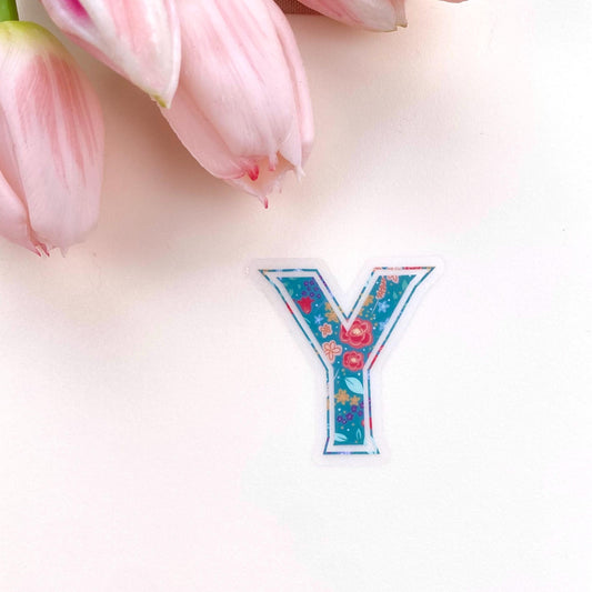 Colourful letter 'Y' sticker with pink tulips on a white background