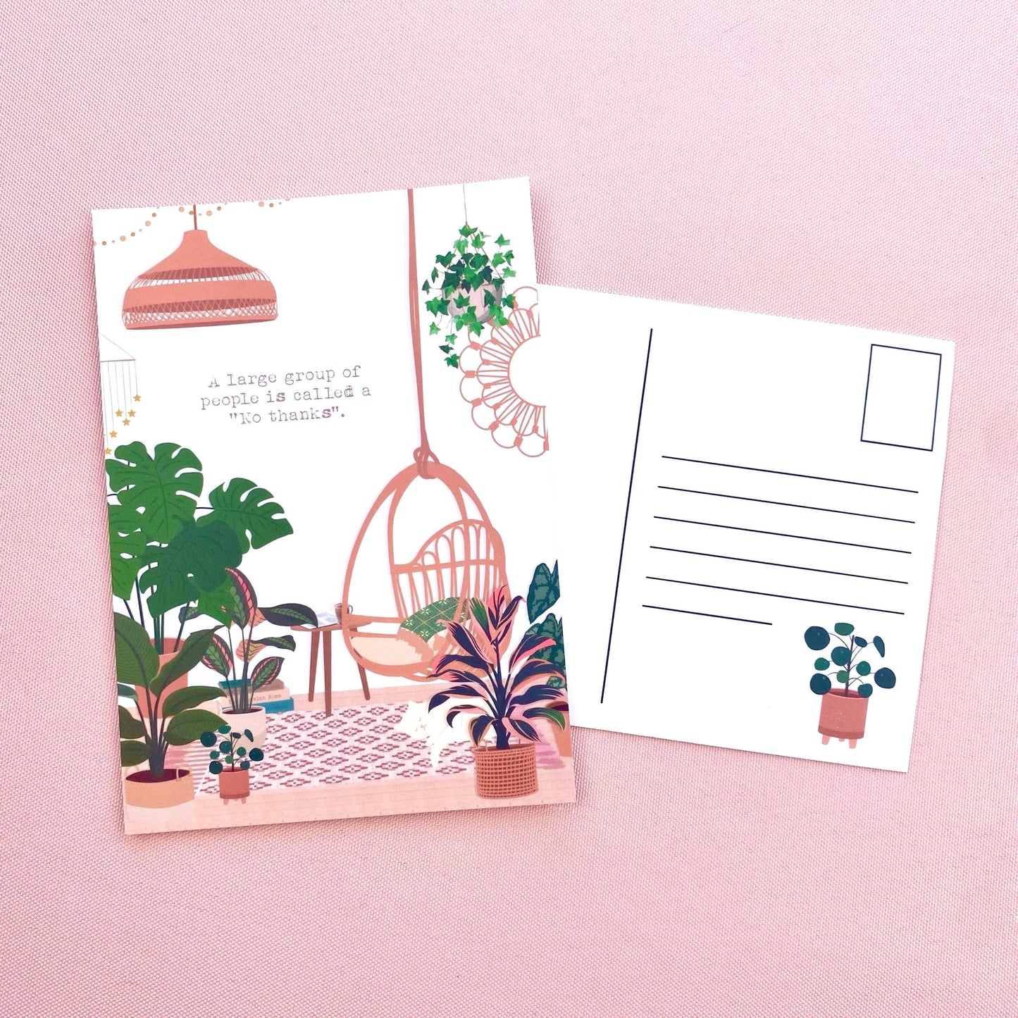 Illustrated postcard with plants and a chair on a pink background