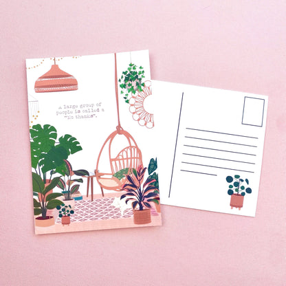 Illustrated postcard with plants and a chair on a pink background