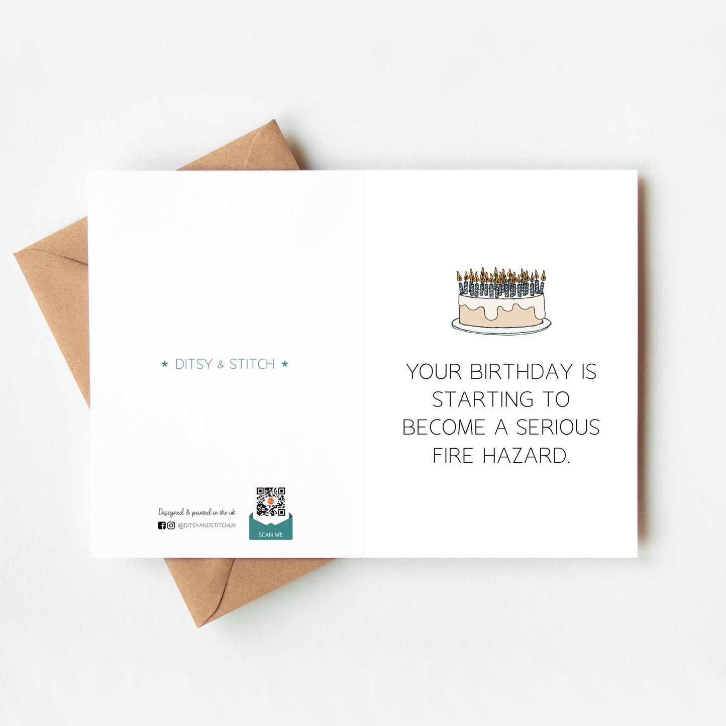 Birthday card with cake illustration and humorous text on a white background