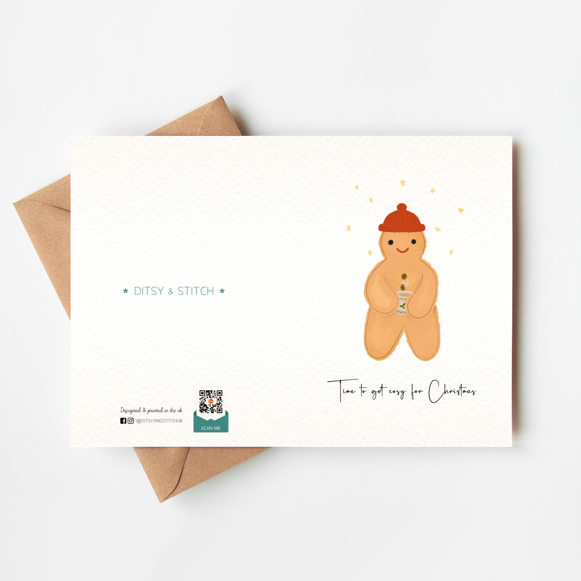 Greeting card with a gingerbread man illustration and a brown envelope on a white background