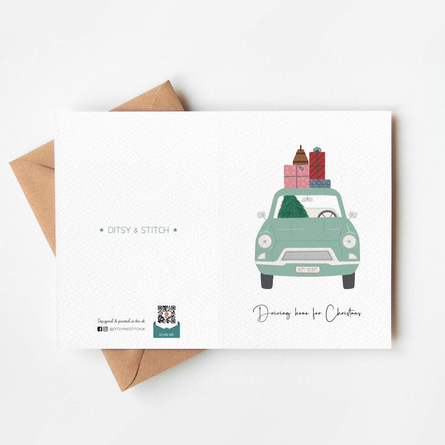 Greeting card with a car illustration carrying Christmas presents, featuring Ditsy & Stitch branding on the back.
