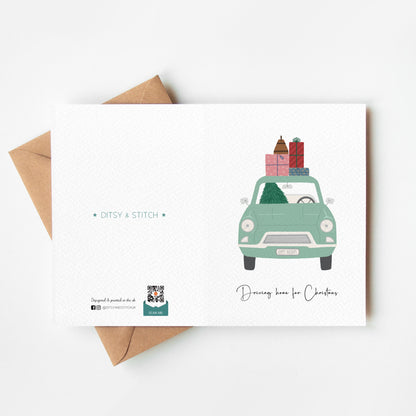 Greeting card with a car illustration carrying Christmas presents, featuring Ditsy & Stitch branding on the back.