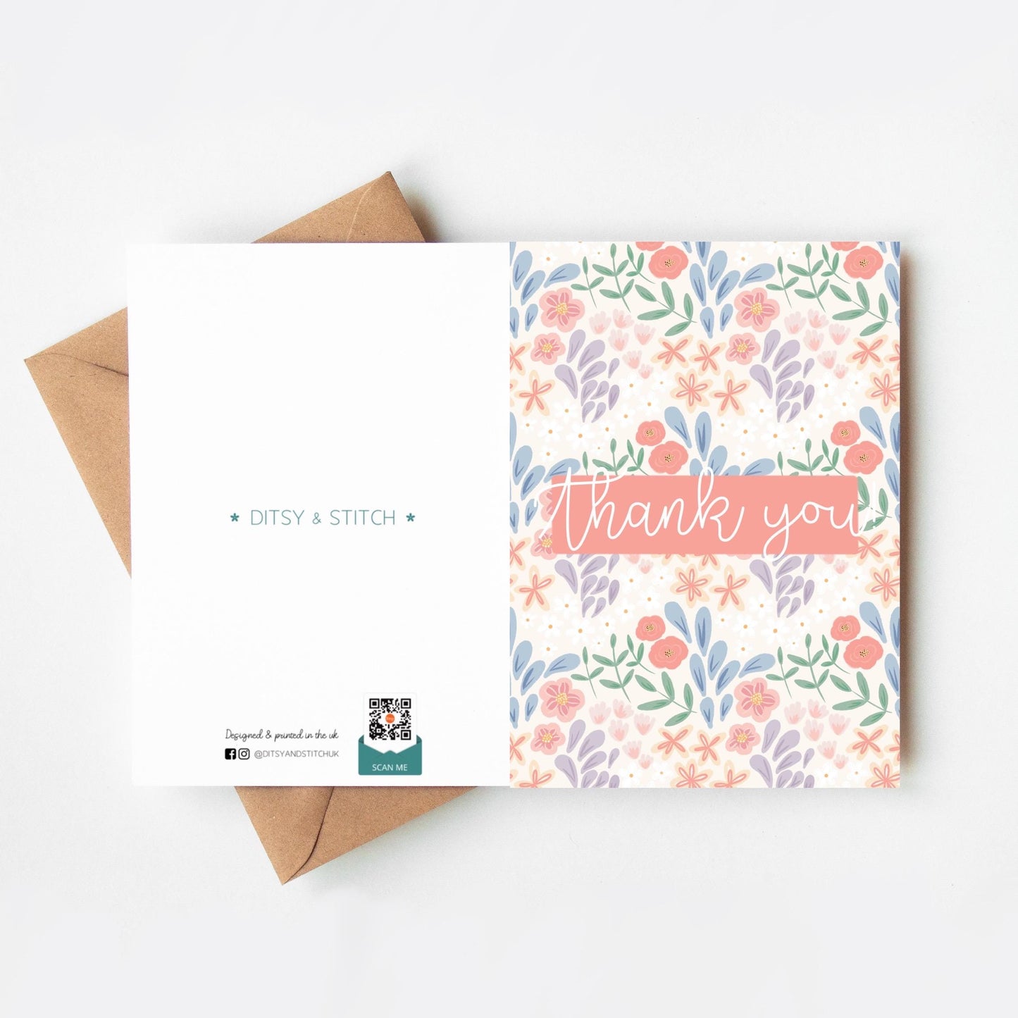 Floral patterned card with 'Thank you' text on a white background