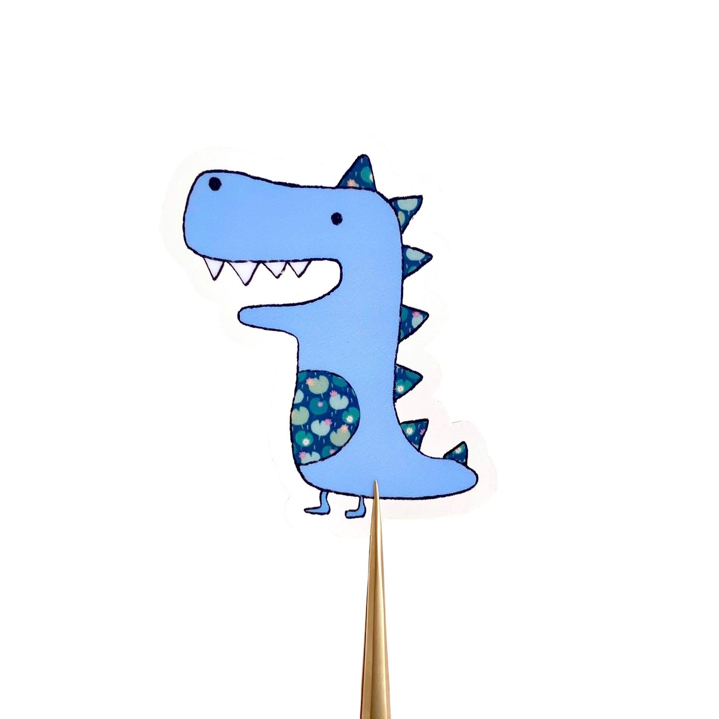 Blue cartoon dinosaur sticker on a white background