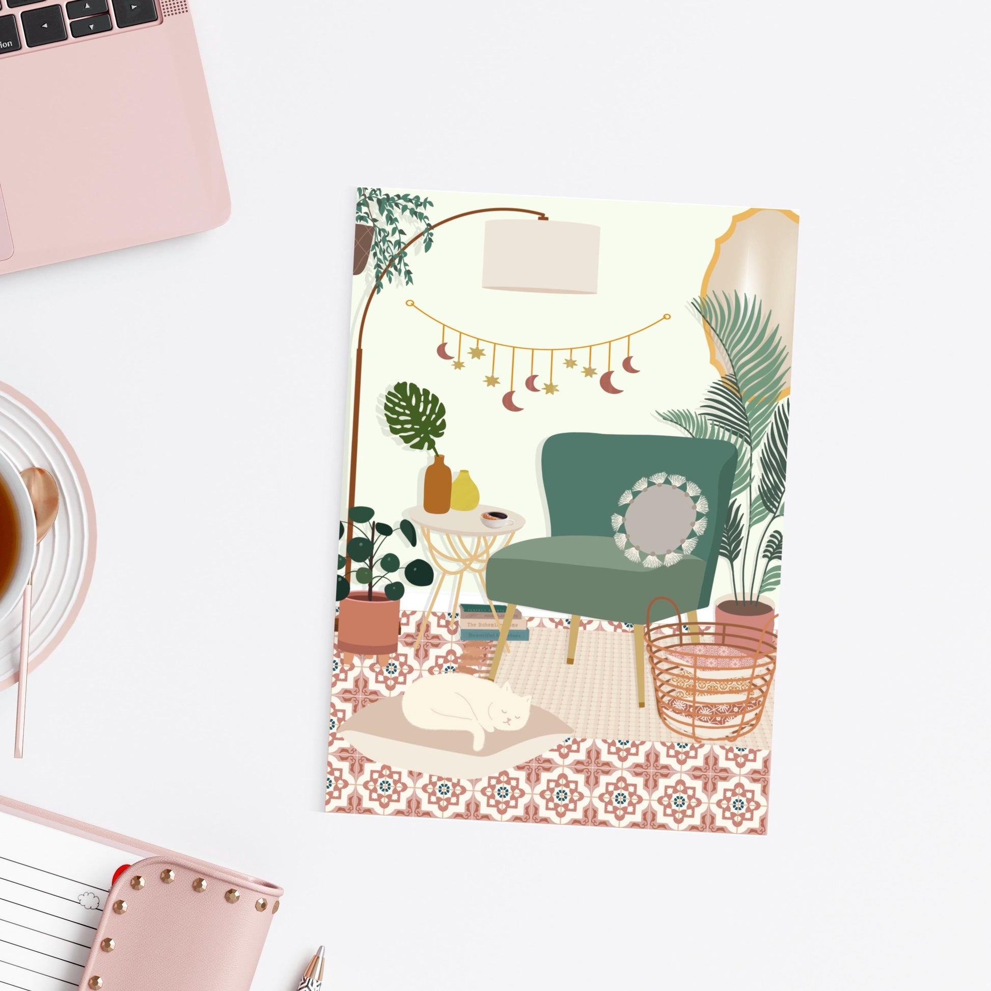Postcard with illustration of a cozy living room scene with a green armchair, plants, and a rug on a white surface.