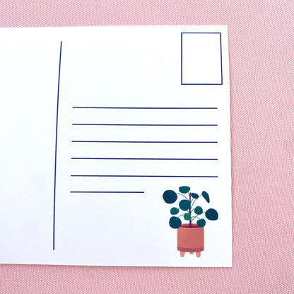 Postcard back with plant illustration on a pink background
