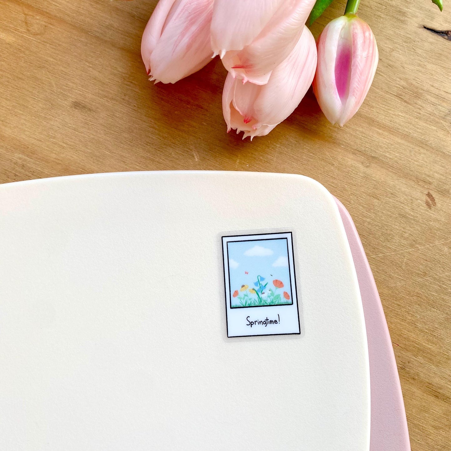 Clear sticker with a polaroid design showing a spring scene with the text 'Springtime!'