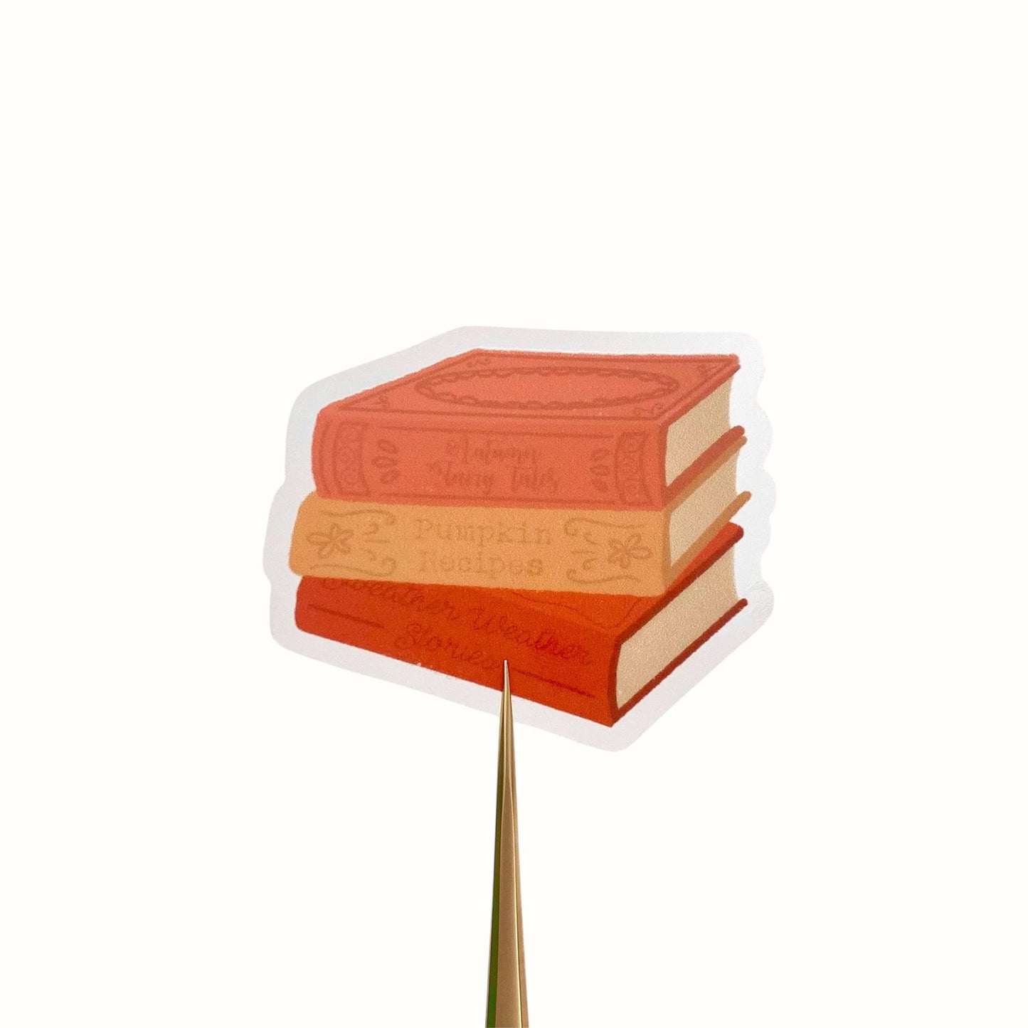 Sticker with a stack of red and orange autumn books on a white background
