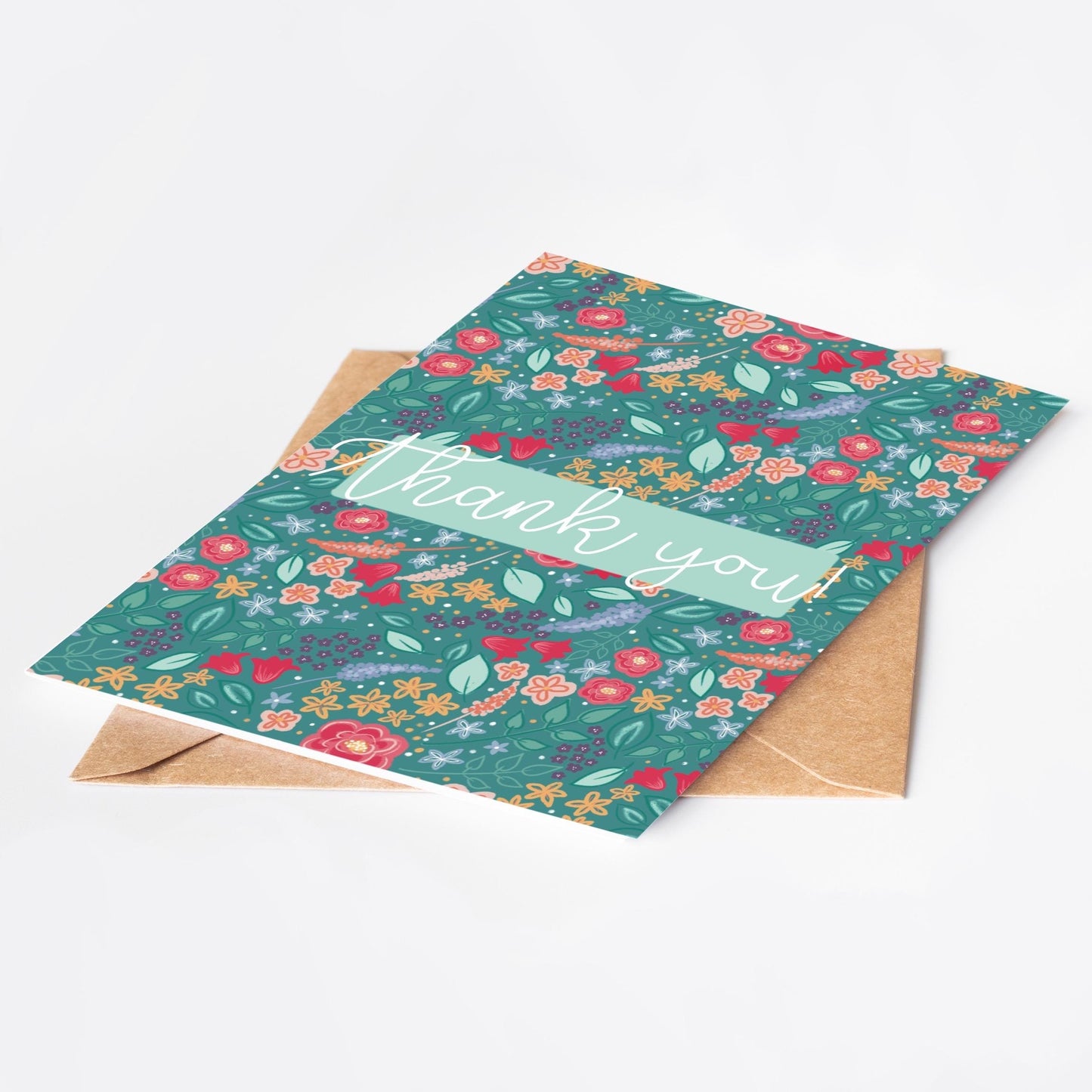 Floral patterned card with 'Thank you' text on a white background
