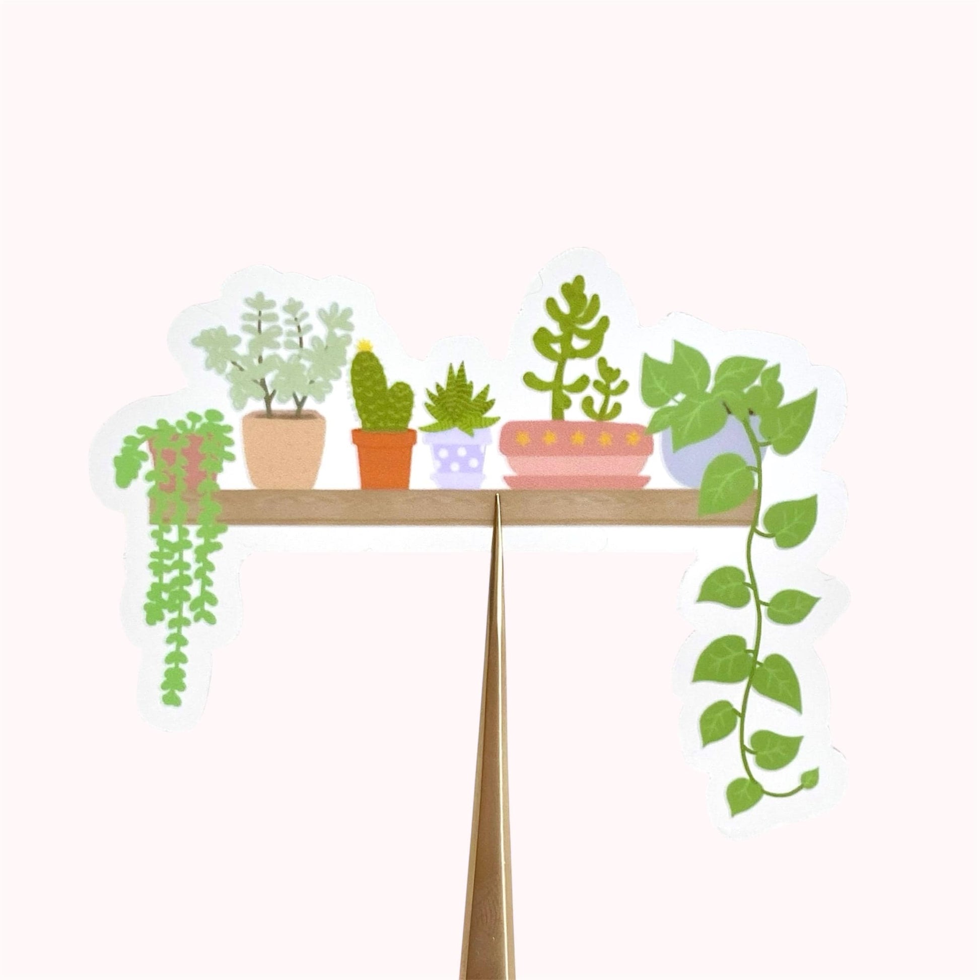 A transparent vinyl sticker with an illustration of a wooden shelf with potted plants on a white background