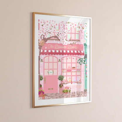 Framed artwork of a pink bakery shop with cherry blossoms on a beige wall.
