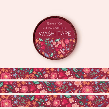 Washi tape with pink floral design and labelled with 'Ditsy & Stitch' branding on a white background