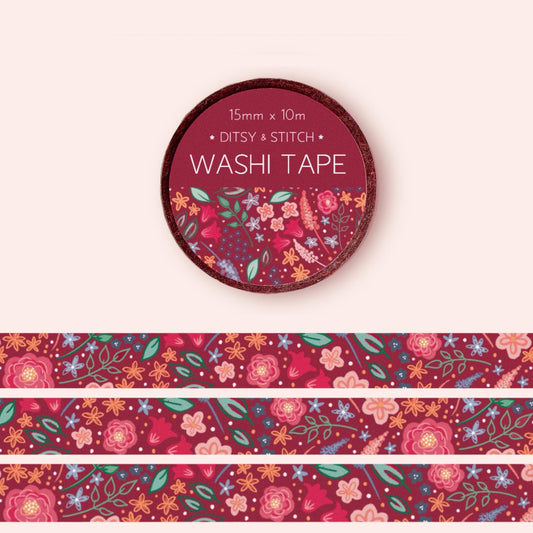 Washi tape with pink floral design and labelled with 'Ditsy & Stitch' branding on a white background