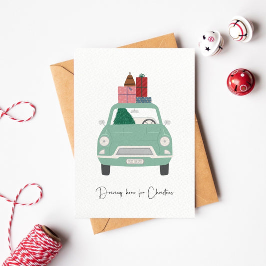 Christmas card with a car carrying presents on a white background