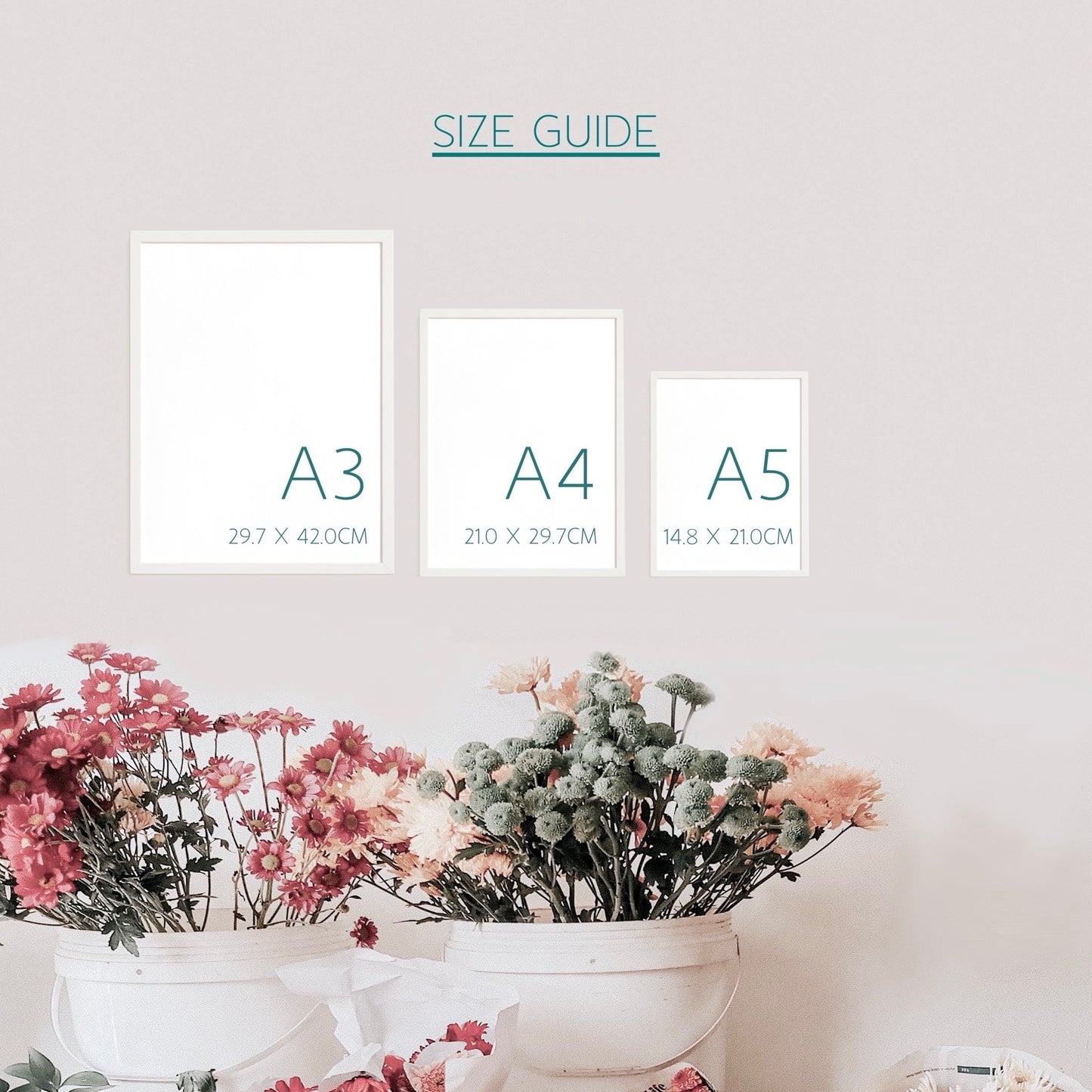 A size guide graphic showing three picture frame sizes labeled A3, A4, and A5 with dimensions given in cm, and buckets of flowers underneath for reference.