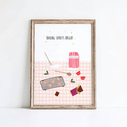 Framed artwork with Christmas kitchen-themed illustrations and text on a white background